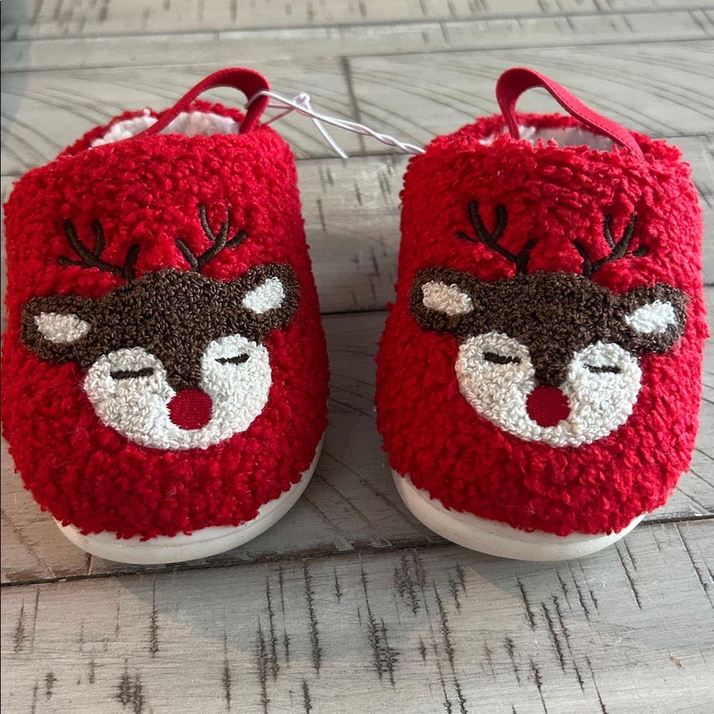 New Toddler Faux Fur Slipper Shoes Reindeer Image Ankle Strap Wide Band SIZE 7/8